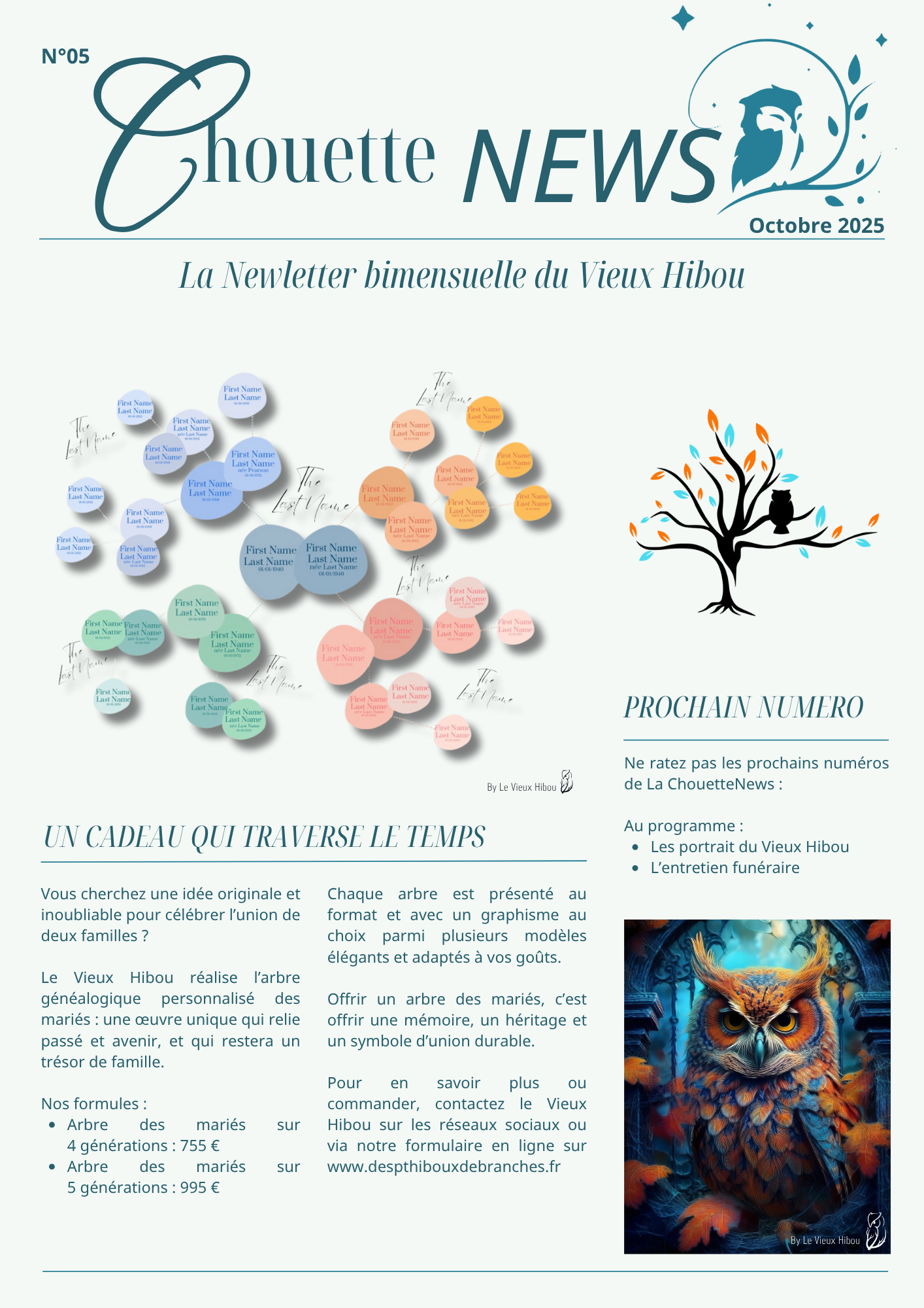 article Newsletter Chouette NEWS n°5 – Octobre 2025 présentant les arbres généalogiques de mariage personnalisés du Vieux Hibou, avec visuels et sommaire.