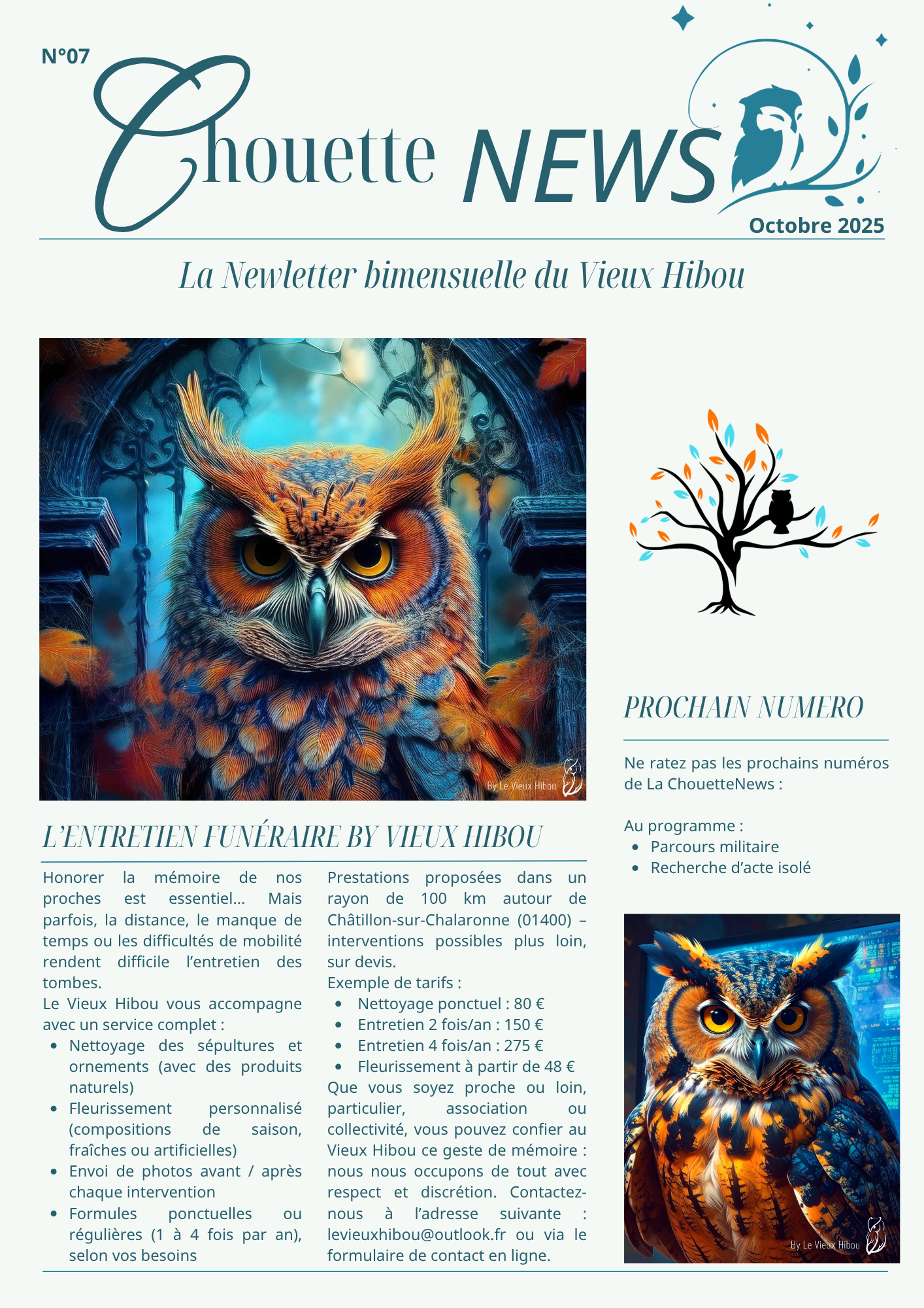 Page de la newsletter « Chouette News » d’octobre 2025 présentant le service d’entretien funéraire du Vieux Hibou : nettoyage, fleurissement et entretien des sépultures.